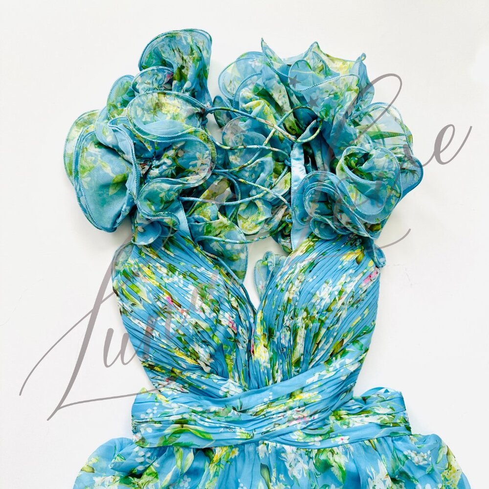 MAC DUGGAL x Anthropologie Blue Ruffle Tiered Floral Cut-Out Chiffon Gown NWT - Picture 4 of 11